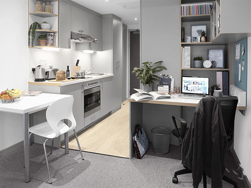 study desk and kitchenette
